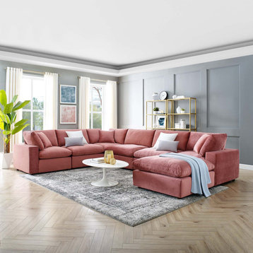 Commix Down Filled Overstuffed Performance Velvet 7-Piece Sectional, Dusty Rose