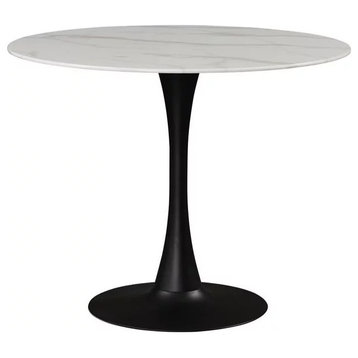 Contemporary Dining Table, Matte Black Metal Base & Round Faux Marble Top, 36"