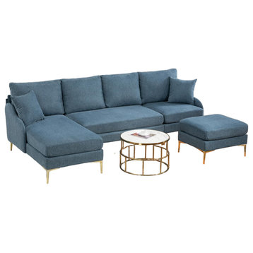 Modern Sectional Sofa, Golden Legs & Removable Polyester Cushions, Blue