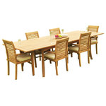 Teak Deals - 7-Piece Outdoor Teak Dining Set: 117" Rectangle Table, 6 Mas Stacking Arm Chairs - Set includes: 117" Double Extension Rectangle Dining Table and 6 Stacking Arm Chairs.