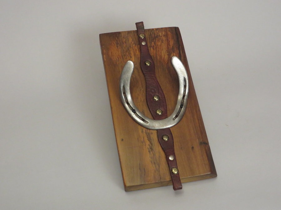 #R15032 Coat Rack Reclaimed Poplar, horseshoes, leather.