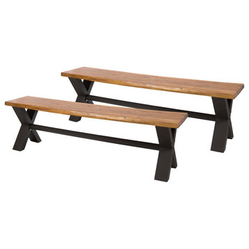 Sanil Outdoor Acacia Wood and Iron Dining Bench, Set of 2