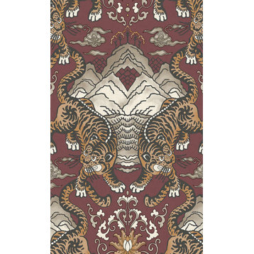 Tiger Chinese Inspired Textured Wallpaper, Maroon, Sample