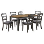 OSP Home Furnishings - West Lake 66� 7-Piece Dining Table Set, Antique Natural Top/Gray Base - Create the perfect place for gathering, with our traditional 7-piece dining set. Attractive two-tone style provides a beautiful classic farmhouse feel, thanks to a natural woodgrain veneer top and lightly distressed solid wood painted frame. Durable rubberwood solid block and brace construction ensures leisurely dining and conversations for years to come. Chairs feature high, comfortable backs, padded,100% Polyester upholstered seats and tapered leg. Set includes table and 6 matching chairs