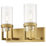 Innovations Lighting - Utopia 2 Light 8" Bath Vanity Light, Brushed Brass, Clear Glass - Modern and geometric design elements give the Utopia Collection a striking presence. This gorgeous fixture features a sharply squared off frame, softened by a round glass holder that secures a cylindrical glass shade.