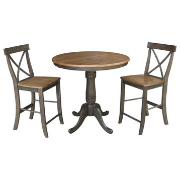 36" Round Extension Dining Table With X-back Counter Height Stools, Hickory/Washed Coal, 3 Piece