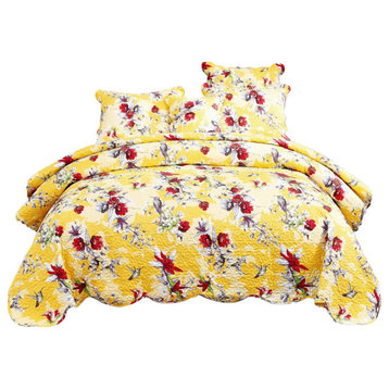 Radiant Sunshine Yellow Hummingbirds Floral Scalloped Bedspread Set, Queen