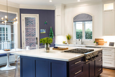 Example of a large trendy l-shaped eat-in kitchen design in Houston with shaker cabinets, white cabinets and an island