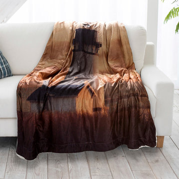 Sherpa Fleece Throw Blanket, Lighthouse Print Pattern, by Lavish Home