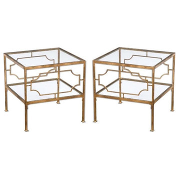 Home Square Metal and Tempered Glass Cube Table in Gold - Set of 2
