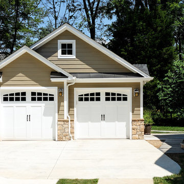 Garage with stone accents