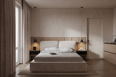 Foto de dormitorio principal y blanco y madera contemporáneo grande sin chimenea con paredes beige, suelo laminado, suelo marrón, papel pintado y papel pintado