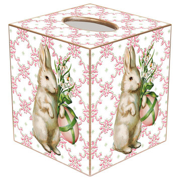 White Bunny with Egg on Pink Scroll Tissue Box Cover