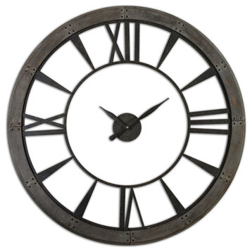 Rustic Round Iron Bronze Wood Wall Clock 60 in Oversized Open Design Distressed