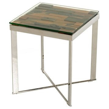 Modrest Santiago Rectangular Modern Glass & Stainless Steel End Table in Silver