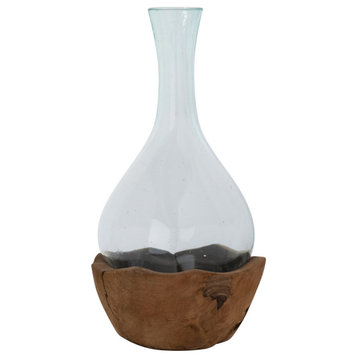 Recycled Glass Vase With Teakwood Base