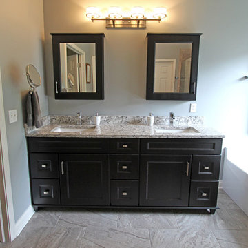 Cherry Onyx Vanity with Cambria Bellingham Countertops and Gray Tiled Shower