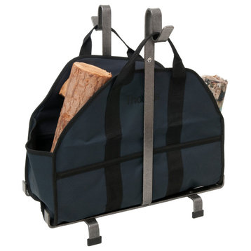Handcrafted Fireplace Log Rack w Blue Carrier Bag Hammered Steel