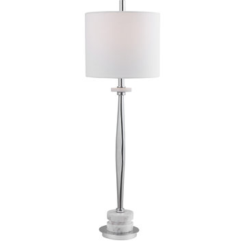 Modern Minimalist Chrome Silver Metal Pole Table Lamp White Marble Gray White