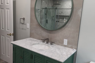 Bathroom - large modern bathroom idea in New York with a freestanding vanity