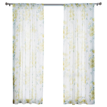 Faux Linen Watercolor Rose Print Sheers Rod Pocket, Yellow, 96", Set of 2
