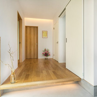 他の地域のコンテンポラリースタイルのおしゃれな玄関ホール (白い壁、淡色無垢フローリング) の写真