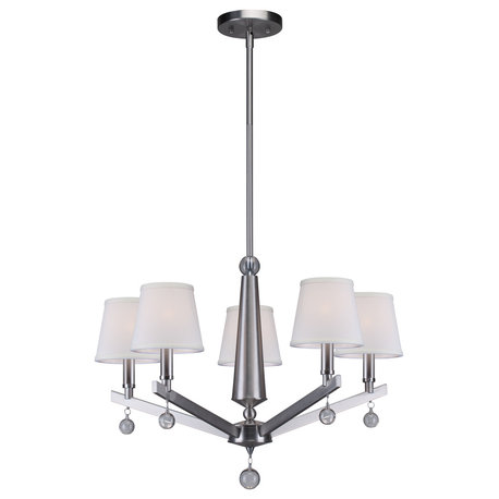 5 Light Chandelier, Brushed Nickel, Off White Linen Shade