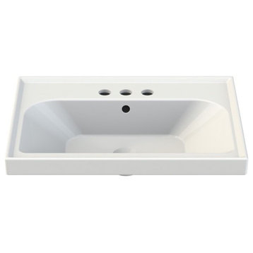 Rectangle White Ceramic Wall Mounted or Self Rimming Sink, White, Three Hole