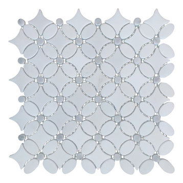 Italian Carrara White Marble Polished and Floral Design Mosaic Tile, White, Samp
