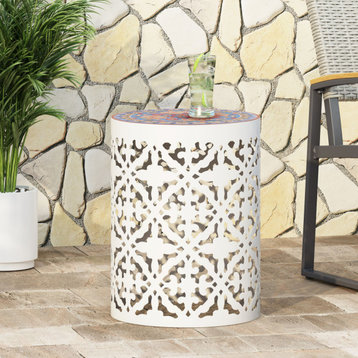 Misael Outdoor Lace Cut Side Table With Tile Top, White/Multi-Color
