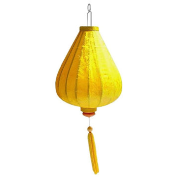 Vietnamese Teardrop Silk Pendant Lantern, Yellow, 10"x14", 27" Overall, No Light
