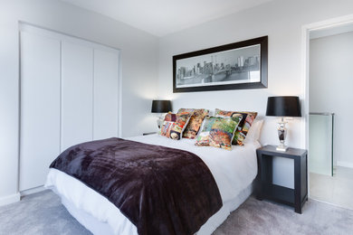 Ejemplo de habitación de invitados moderna de tamaño medio con paredes blancas