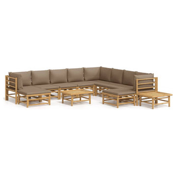 vidaXL Patio Furniture Set 12 Piece Sectional Sofa with Taupe Cushions Bamboo