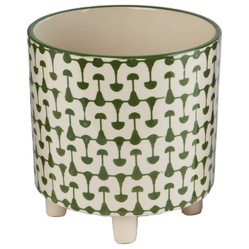 Footed Stoneware Planter with Abstract Print, Green and White