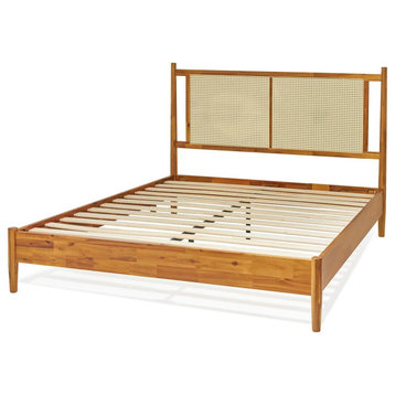 Modern Platform Bed, Sturdy Acacia Frame With Rattan Headboard, Caramel, Queen