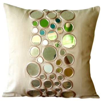 Euro Pillow Beige 24x24 Couch Pillow Cotton Canvas Mirror Embroidery, Reflectors