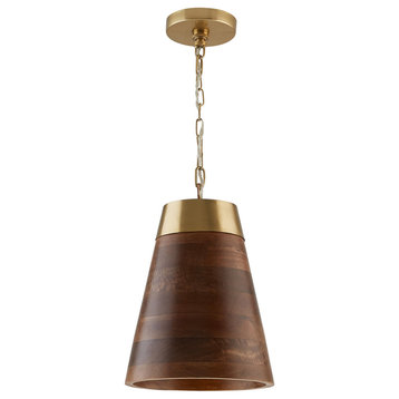 Dodd One Light Pendant, Dark Wood and True Brass
