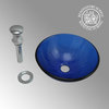 Blue Tempered Glass Countertop Vessel Sink Round 12" W Mini Vanity Bathroom Sink