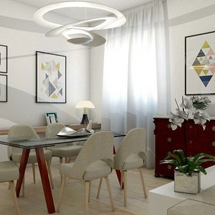 カリアリの中サイズのコンテンポラリースタイルのLDKの画像 (淡色無垢フローリング、白い壁)