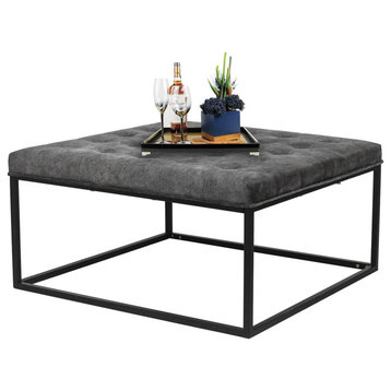 Modern Coffee Table/Ottoman, Open Metal Frame With Tufted Upholstered Top, Gray