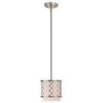 Livex Lighting - Livex Lighting Arabesque Light Mini Pendant, Brushed Nickel - Our Arabesque one light mini pendant will add refined style and a hint of mystery to your decor. The off-white fabric hardback shade creates a warm illumination, while the light brings to life the intricate brushed nickel cutout pattern.