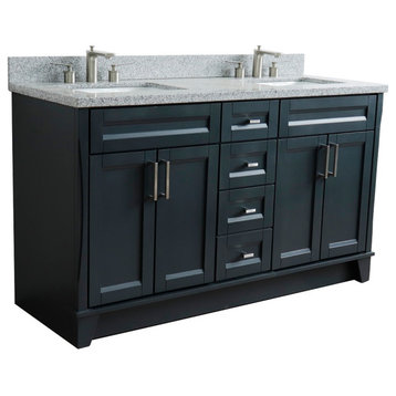 61" Double Sink Vanity, Dark Gray Finish And Gray Granite And Rectangle Sink