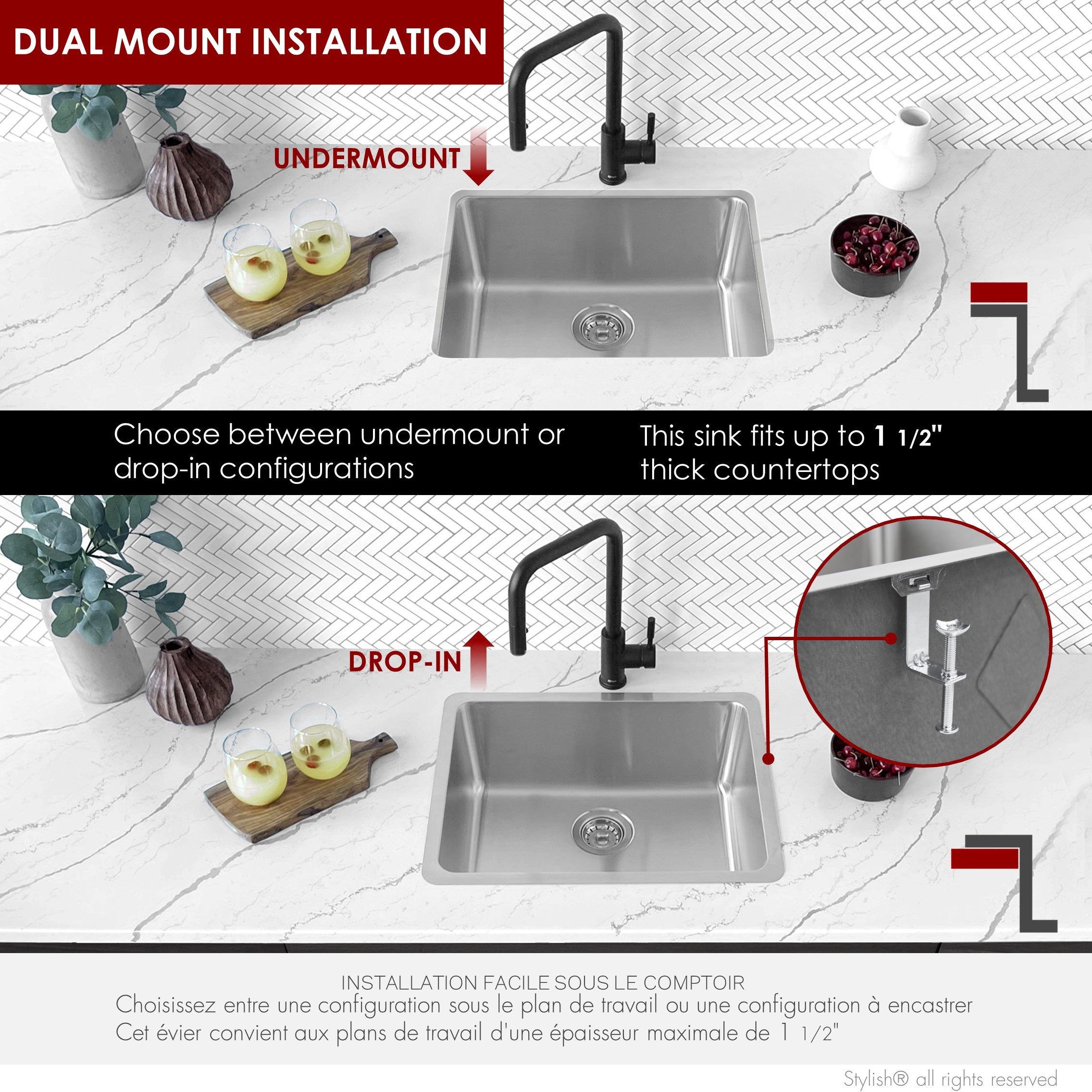 STYLISH 21 inch Single Bowl Undermount and Drop-in Stainless Steel Kitchen Sink