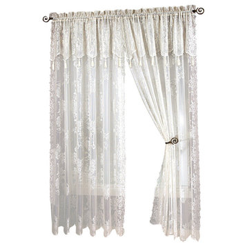 Carly Lace Curtain Panel With Attached Valance With Tassels, White, 84" Long