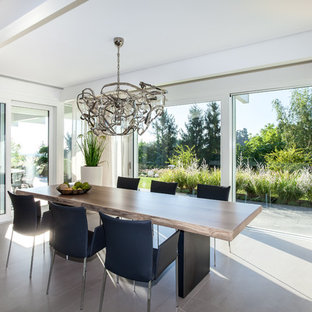 Geschlossenes, Großes Modernes Esszimmer ohne Kamin mit weißer Wandfarbe, Keramikboden und beigem Boden in Sonstige