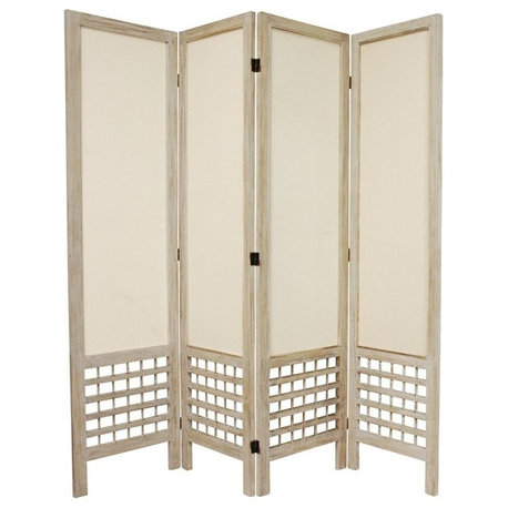 5 1/2' Tall Open Lattice Fabric Room Divider, Burnt White, 4 Panel