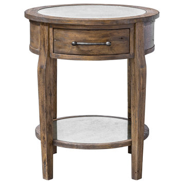 Classic Round Light Wood Accent Table | Drawer Mirrored Transitional Elegant
