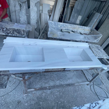 Custom Carrara White Marble Double Vanity with Walnut Cabinet