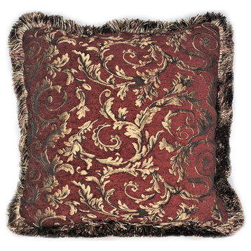 Red Gold Chenille Floral Throw Pillow With Fringe, 26x26