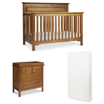 Traditional 4 in 1 Convertible Crib With Mattress & 4 Drawers Dresser, Chestnut